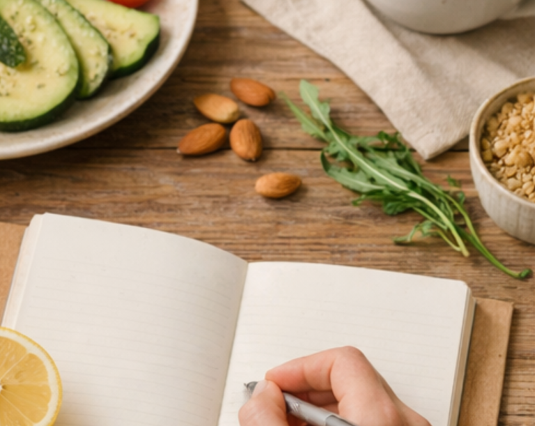 Ein aufgeschlagenes Notizbuch mit handschriftlichen Notizen neben gesunden Snacks.